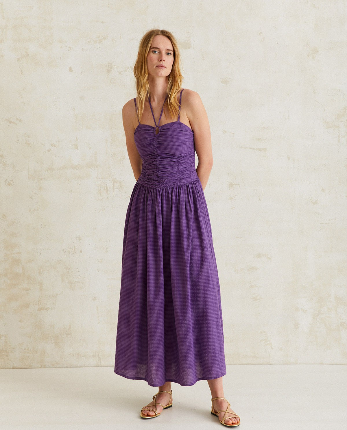 Long purple draped dress by YERSE