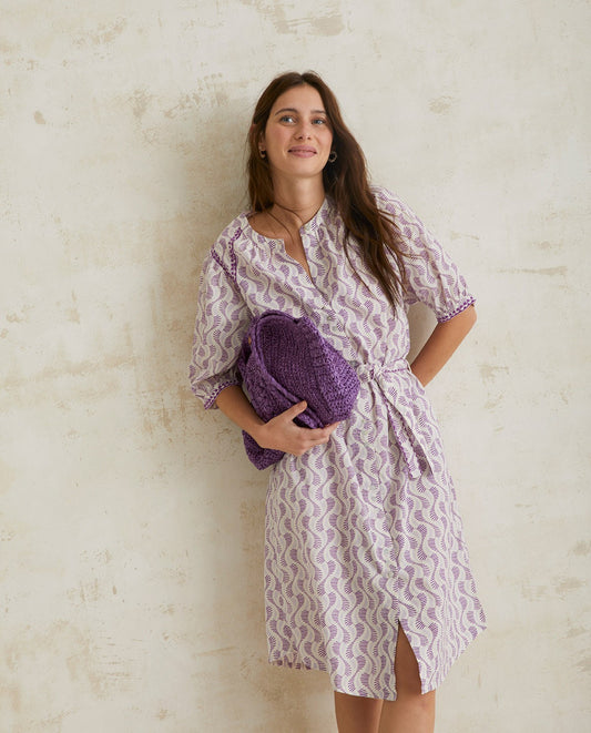 Midi mao-neck dress with purple pattern by YERSE