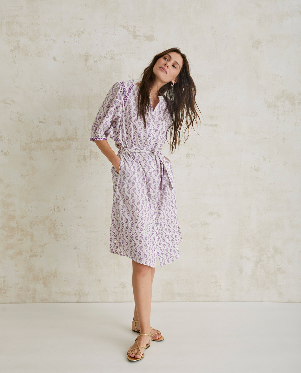 Midi mao-neck dress with purple pattern by YERSE