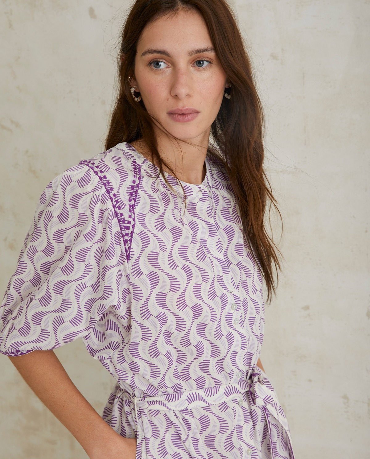 Midi mao-neck dress with purple pattern by YERSE