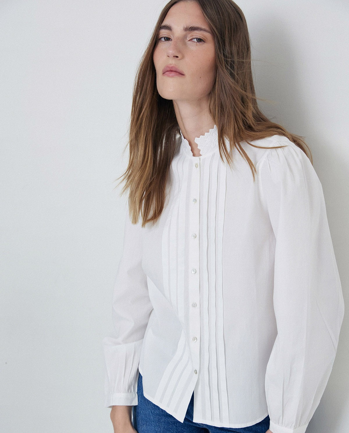 Embroidery Mao-neck Shirt in white by YERSE