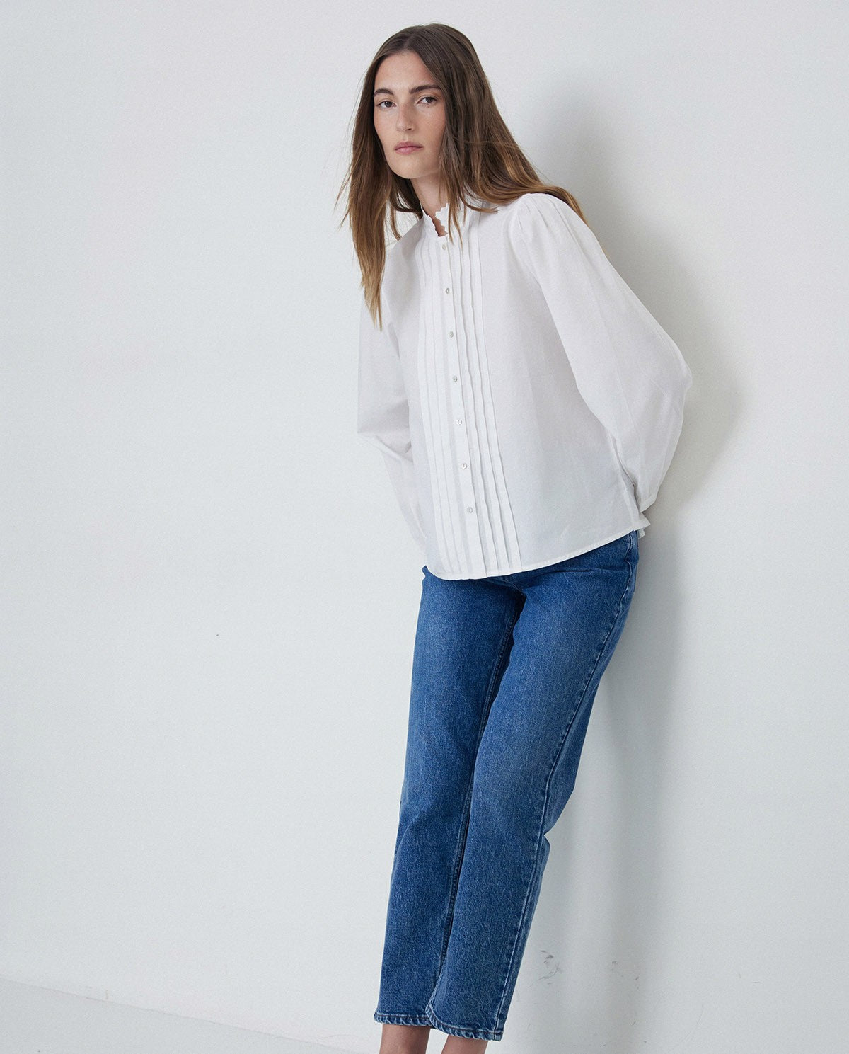 Embroidery Mao-neck Shirt in white by YERSE