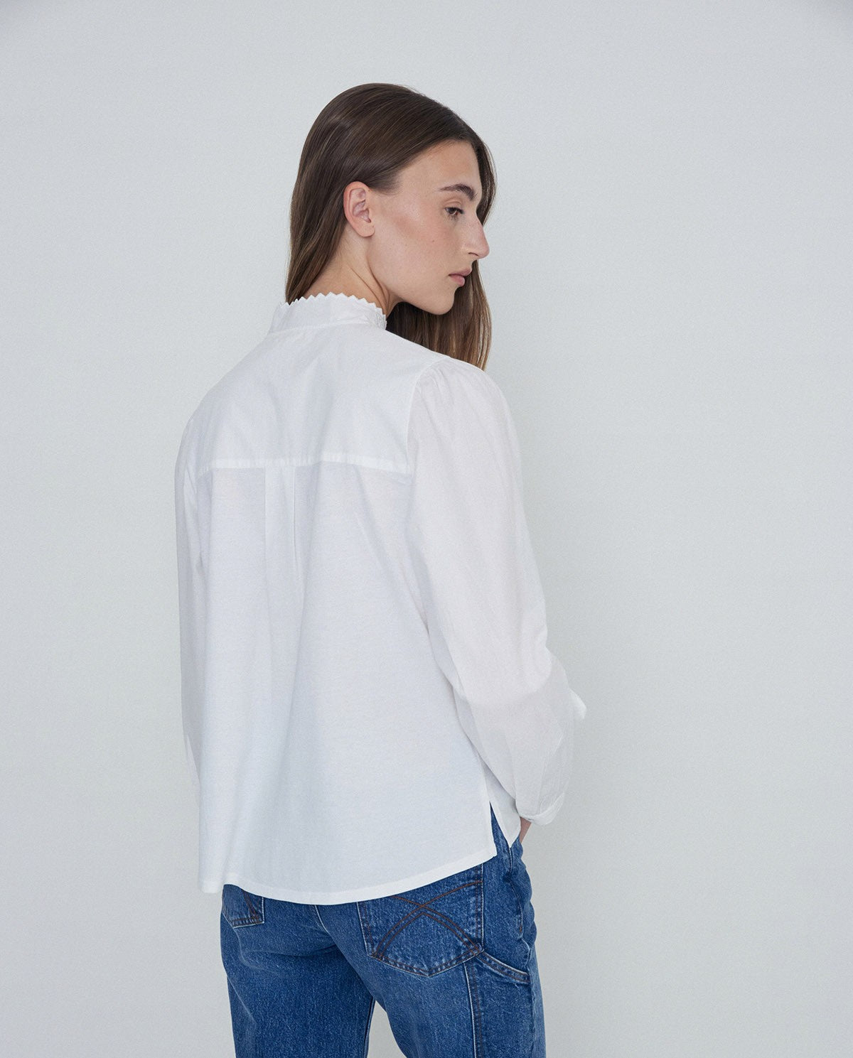 Embroidery Mao-neck Shirt in white by YERSE