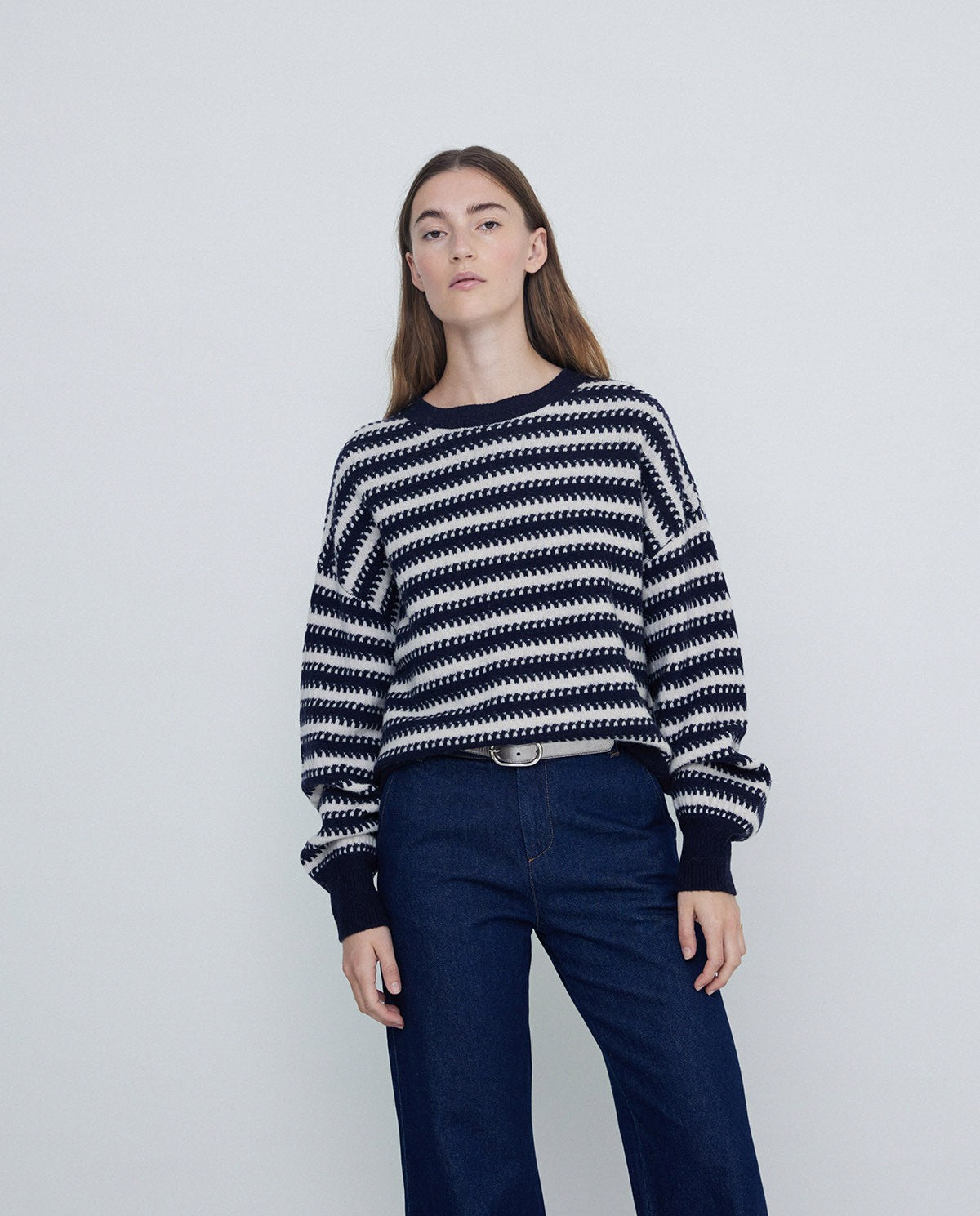 Rich Wool Knit Sweater in blue and off-white by YERSE