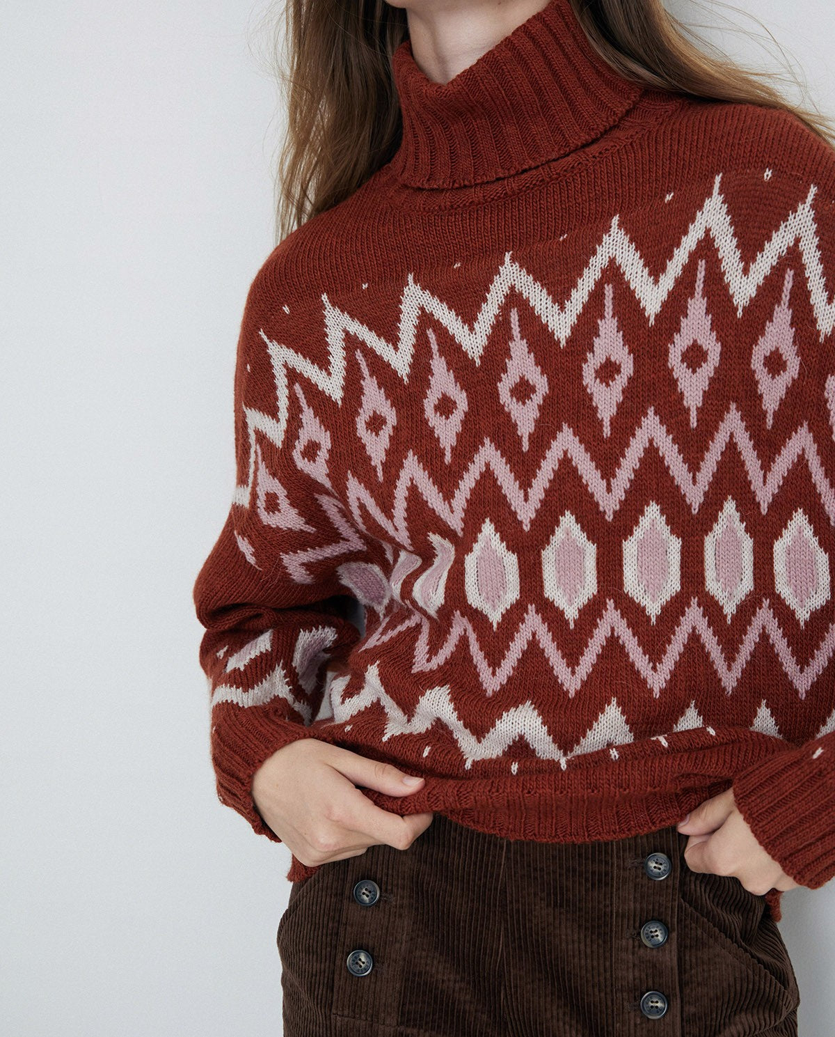 Halterneck jacquard sweater in terracota by YERSE