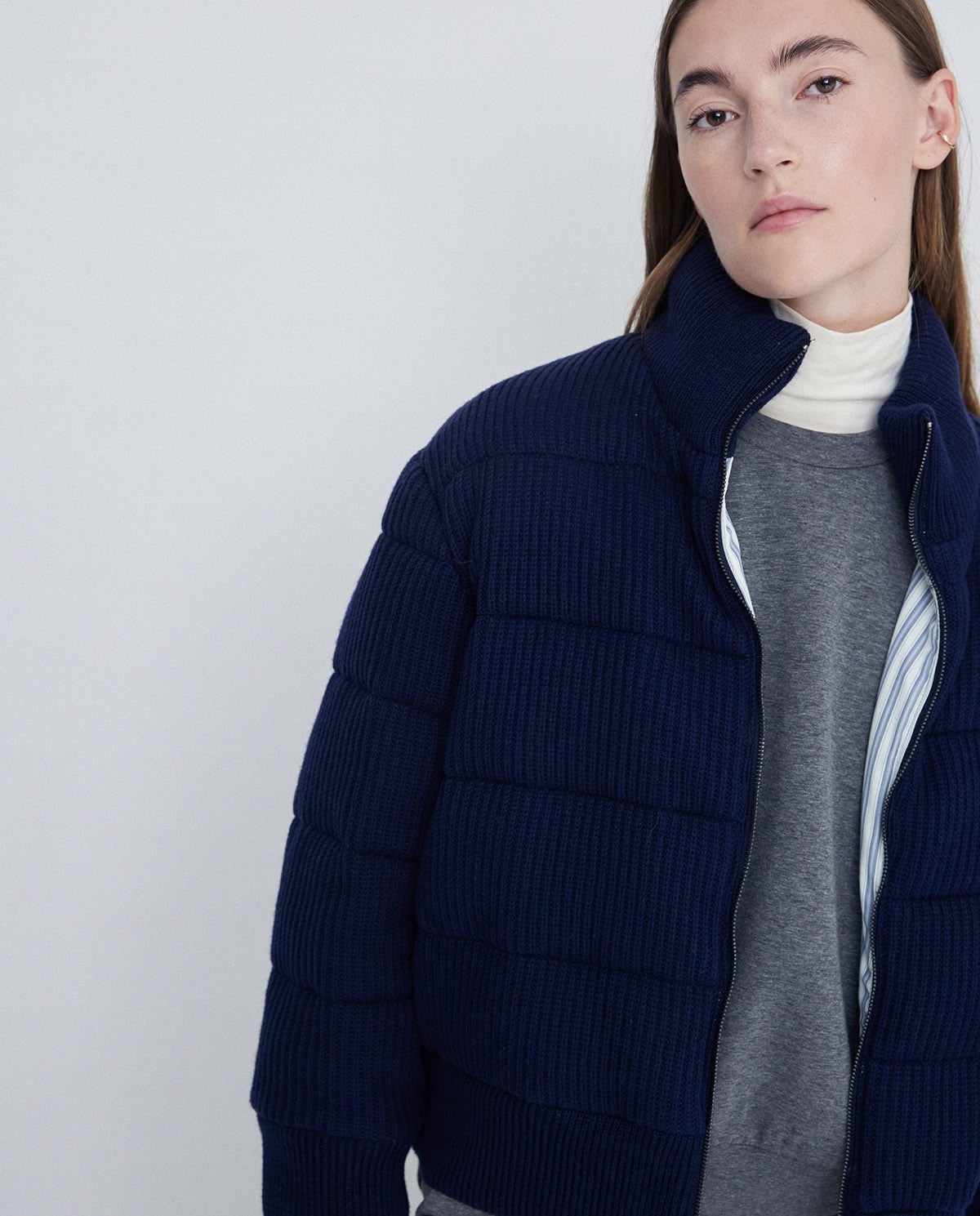 Quilted Blue English Knit Bomber by YERSE