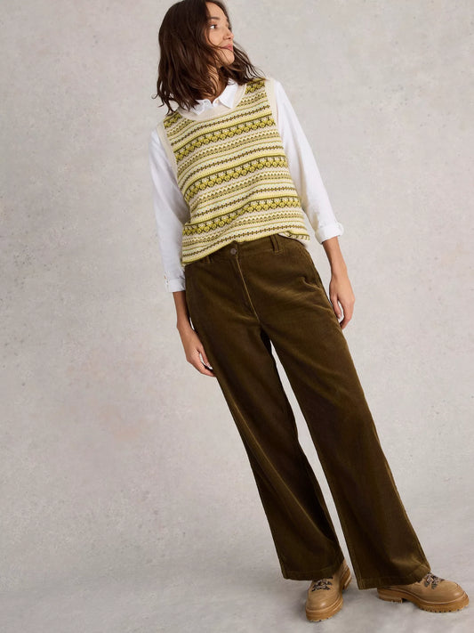 BELLE wide-leg Cord Trouser in Green Khaki by WhiteStuff