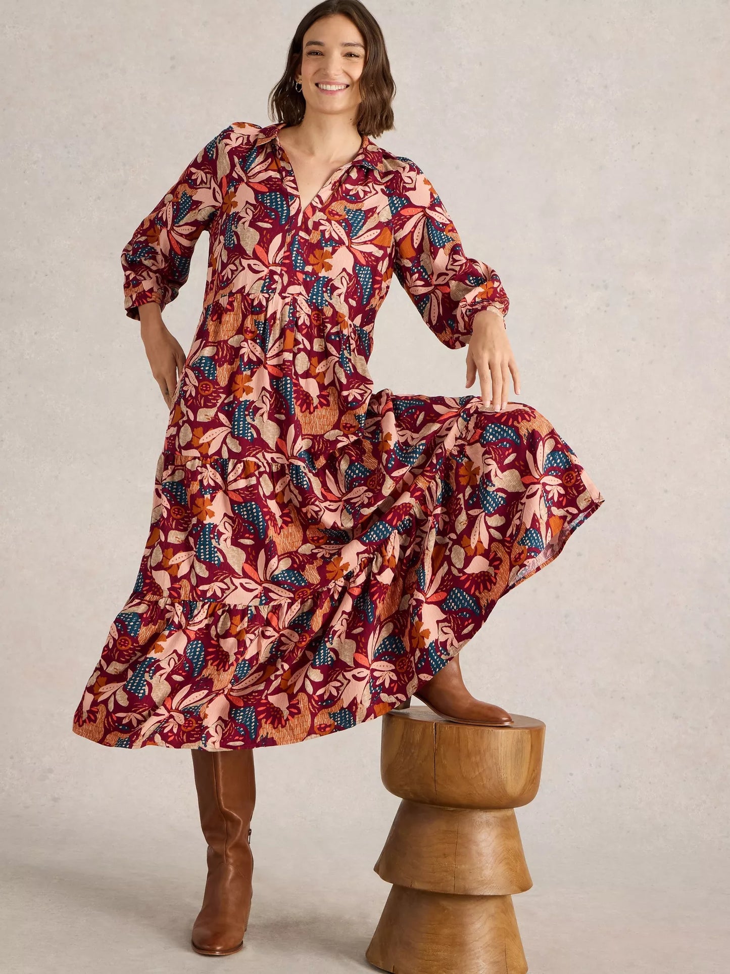 Virginia Tiered Shirt Dress in Plum Print by WhiteStuff