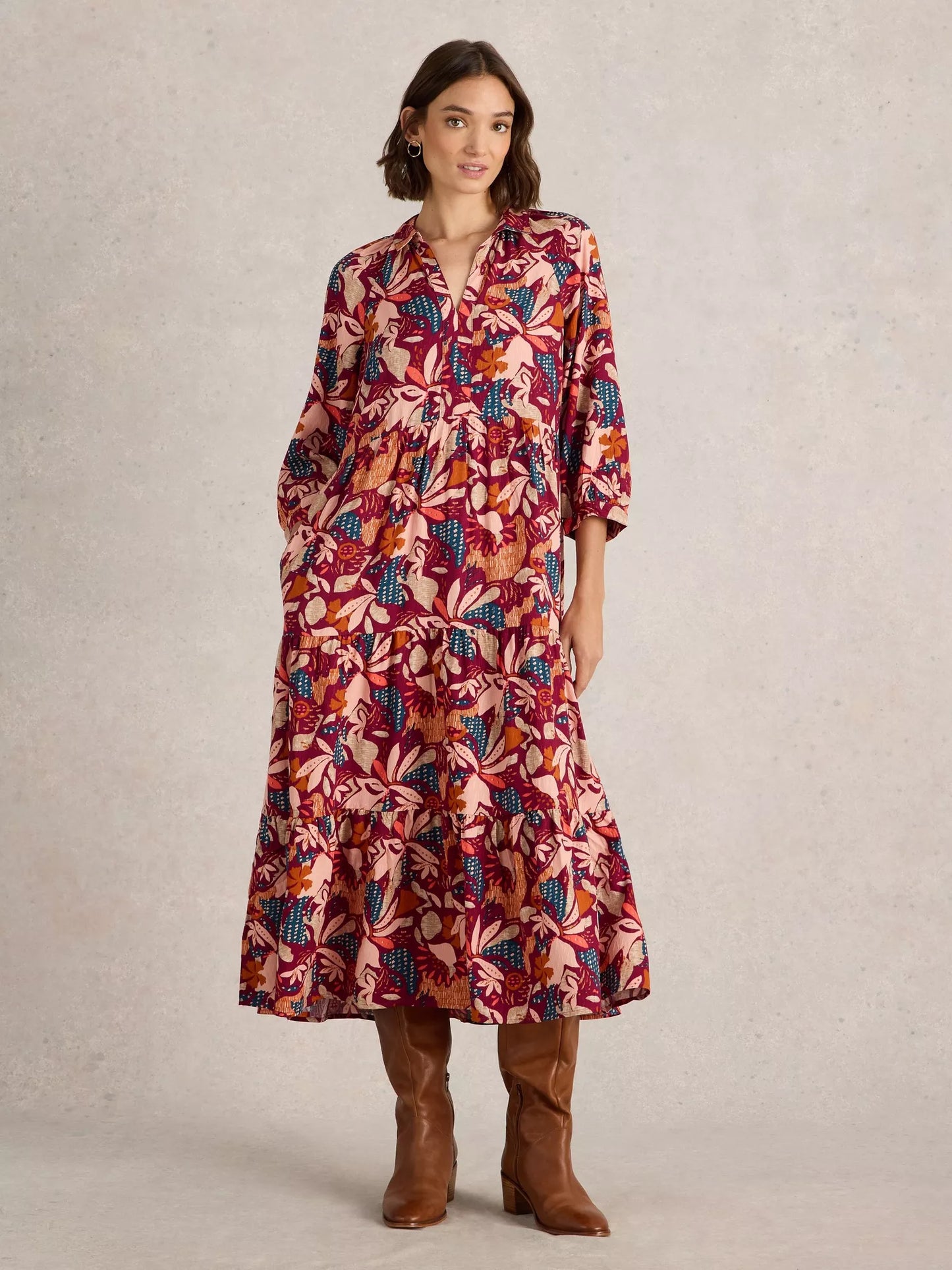 Virginia Tiered Shirt Dress in Plum Print by WhiteStuff