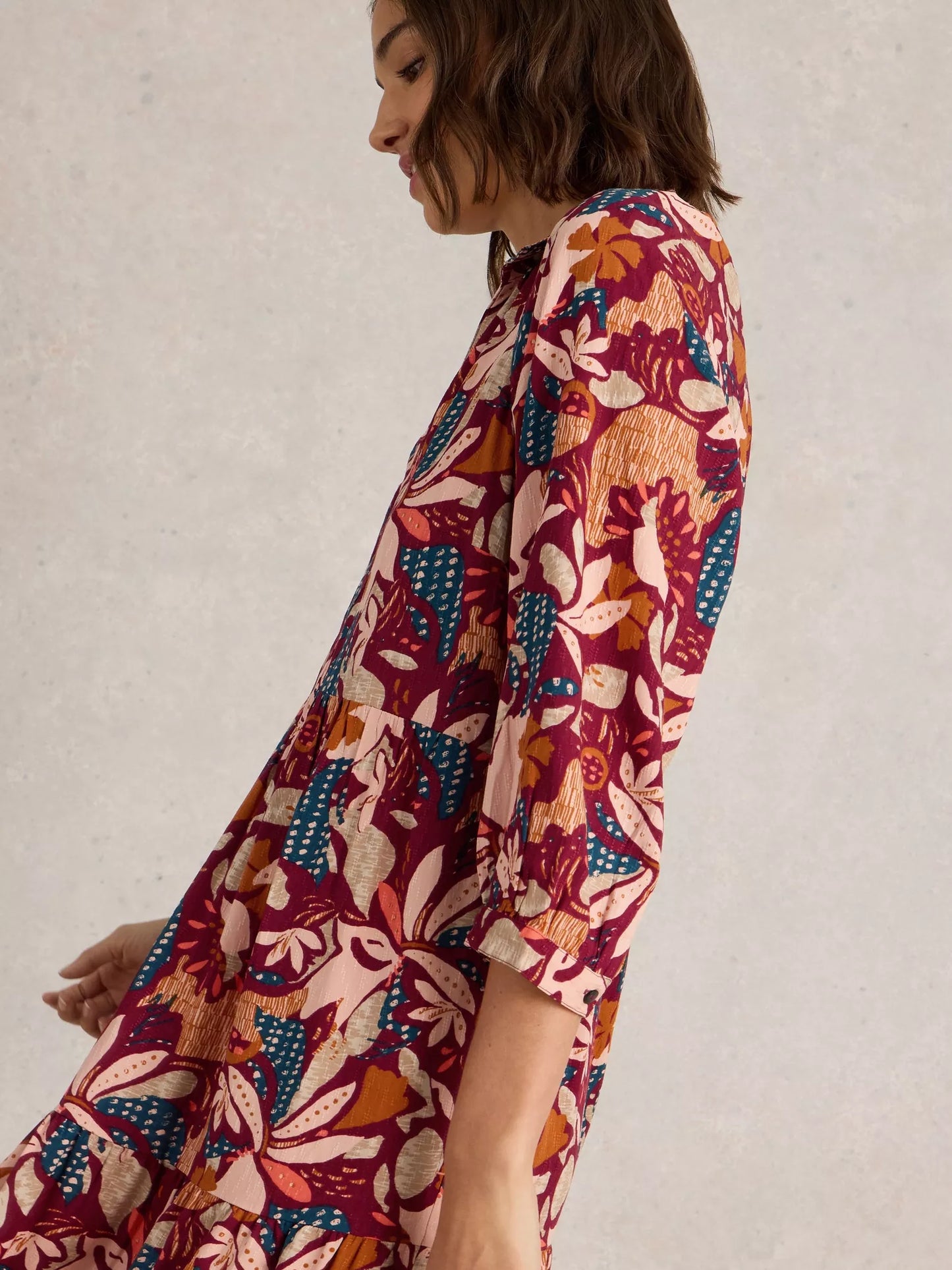 Virginia Tiered Shirt Dress in Plum Print by WhiteStuff