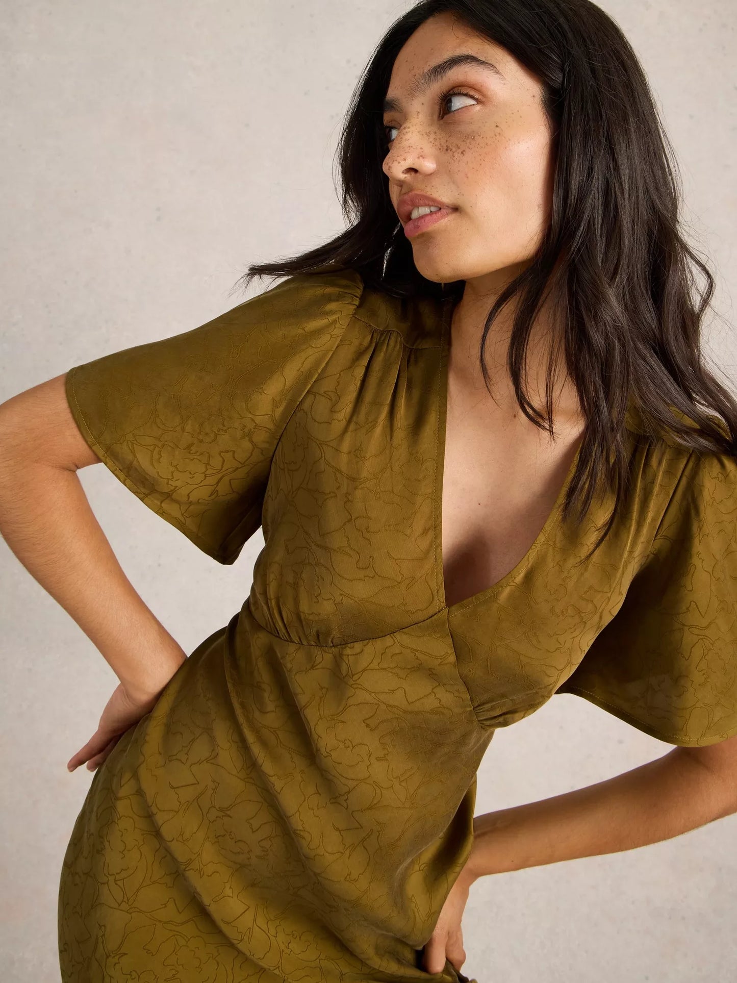 Darcy Silky Khaki Green Dress by WhiteStuff