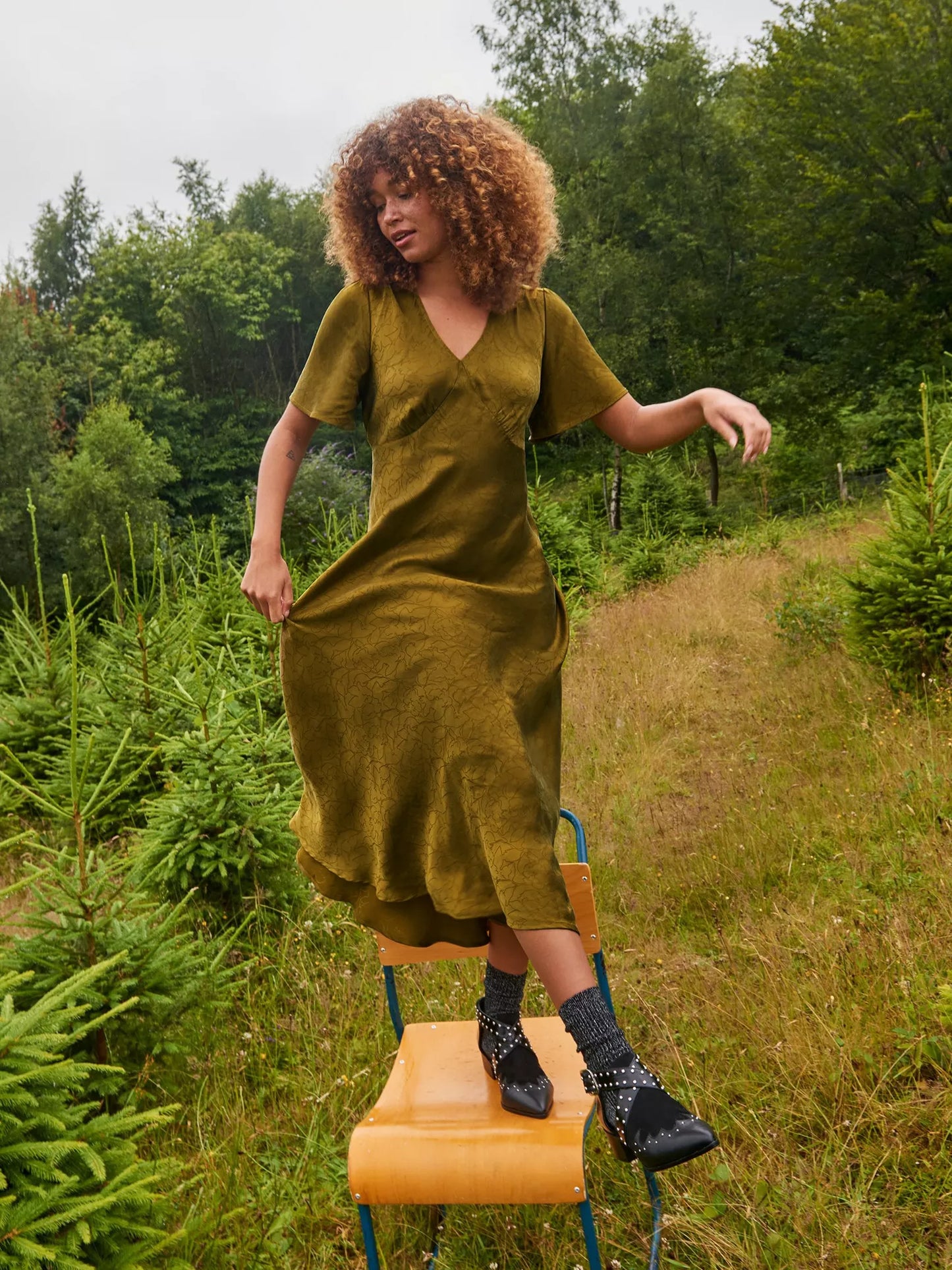 Darcy Silky Khaki Green Dress by WhiteStuff