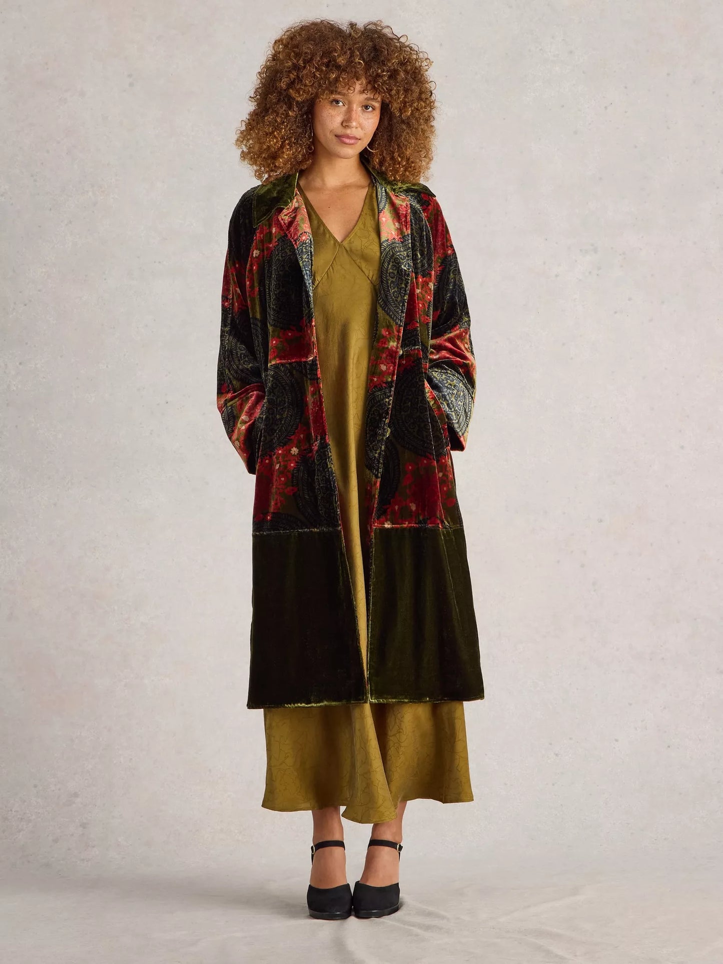 Freya Velvet Coat with Green Prints by WhiteStuff