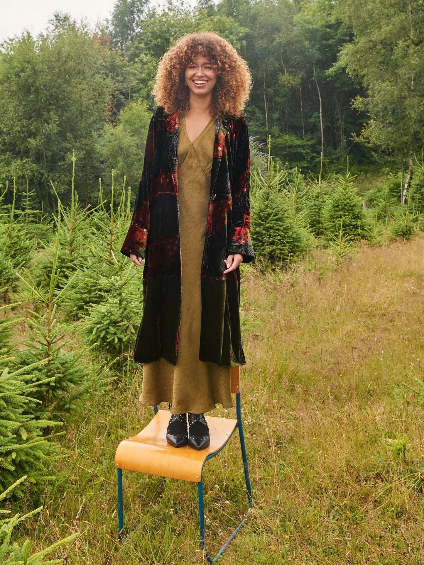 Freya Velvet Coat with Green Prints by WhiteStuff