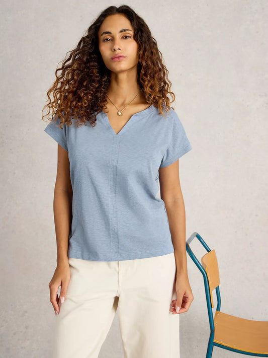 Nelly Notch neck Short Sleeve Tee in Mid Blue by White Stuff