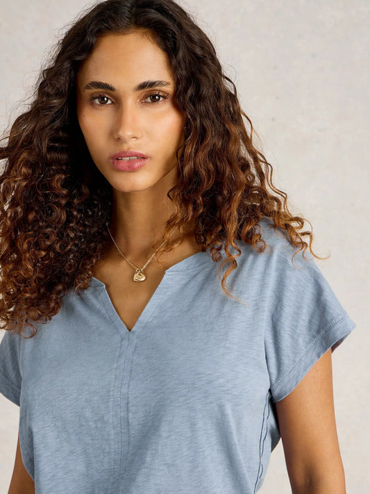 Nelly Notch neck Short Sleeve Tee in Mid Blue by White Stuff