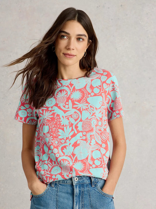 Abbie Short Sleeve Tee in Coral Print by White Stuff