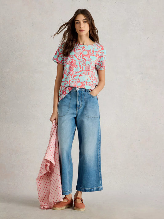 Abbie Short Sleeve Tee in Coral Print by White Stuff