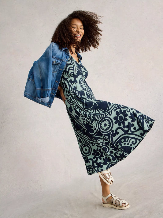 Megan Jersey Midi Dress in Green Print by White Stuff