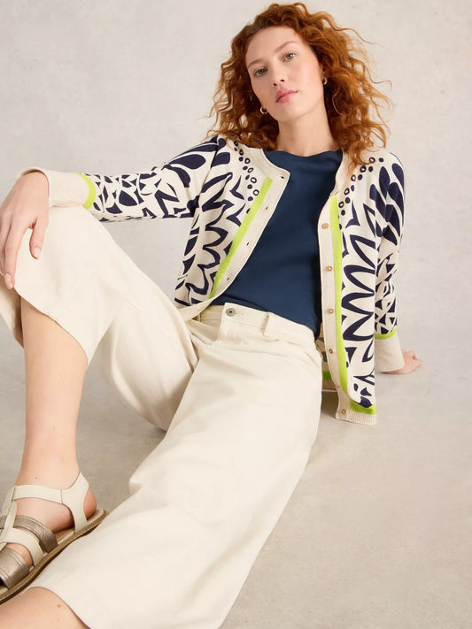 Lulu Printed Cardigan Ivory in Navy Print by White Stuff