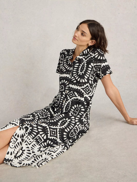 Rua Jersey Midi Dress in Black & White Print by White Stuff
