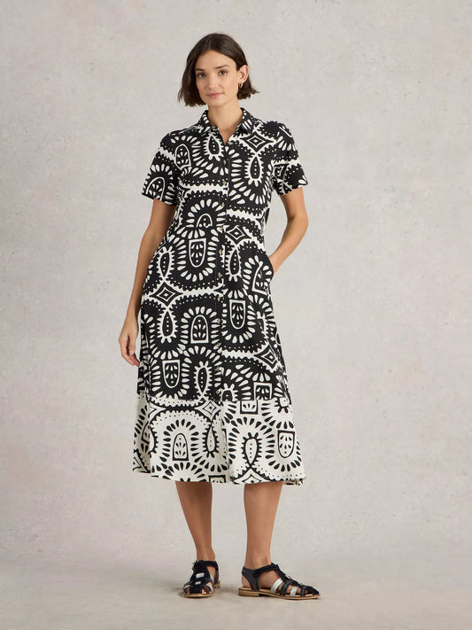Rua Jersey Midi Dress in Black & White Print by White Stuff