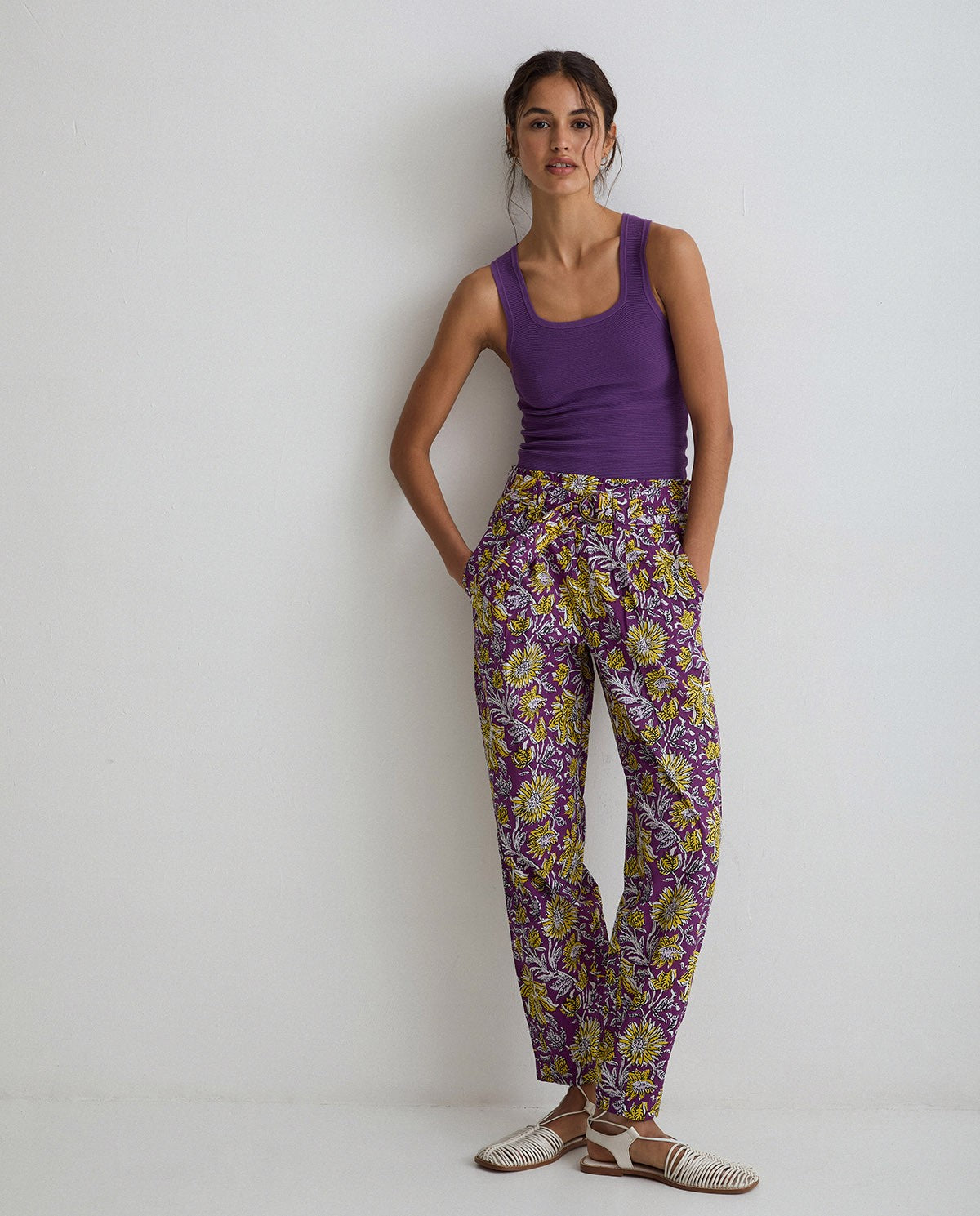 Floral print cotton trousers in purple & yellow by YERSE