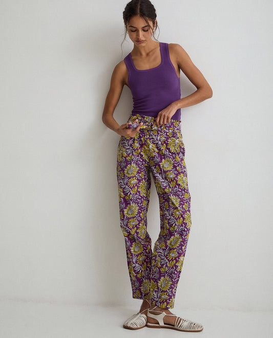 Floral print cotton trousers in purple & yellow by YERSE