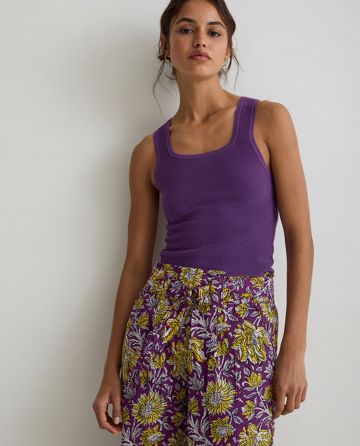 Floral print cotton trousers in purple & yellow by YERSE