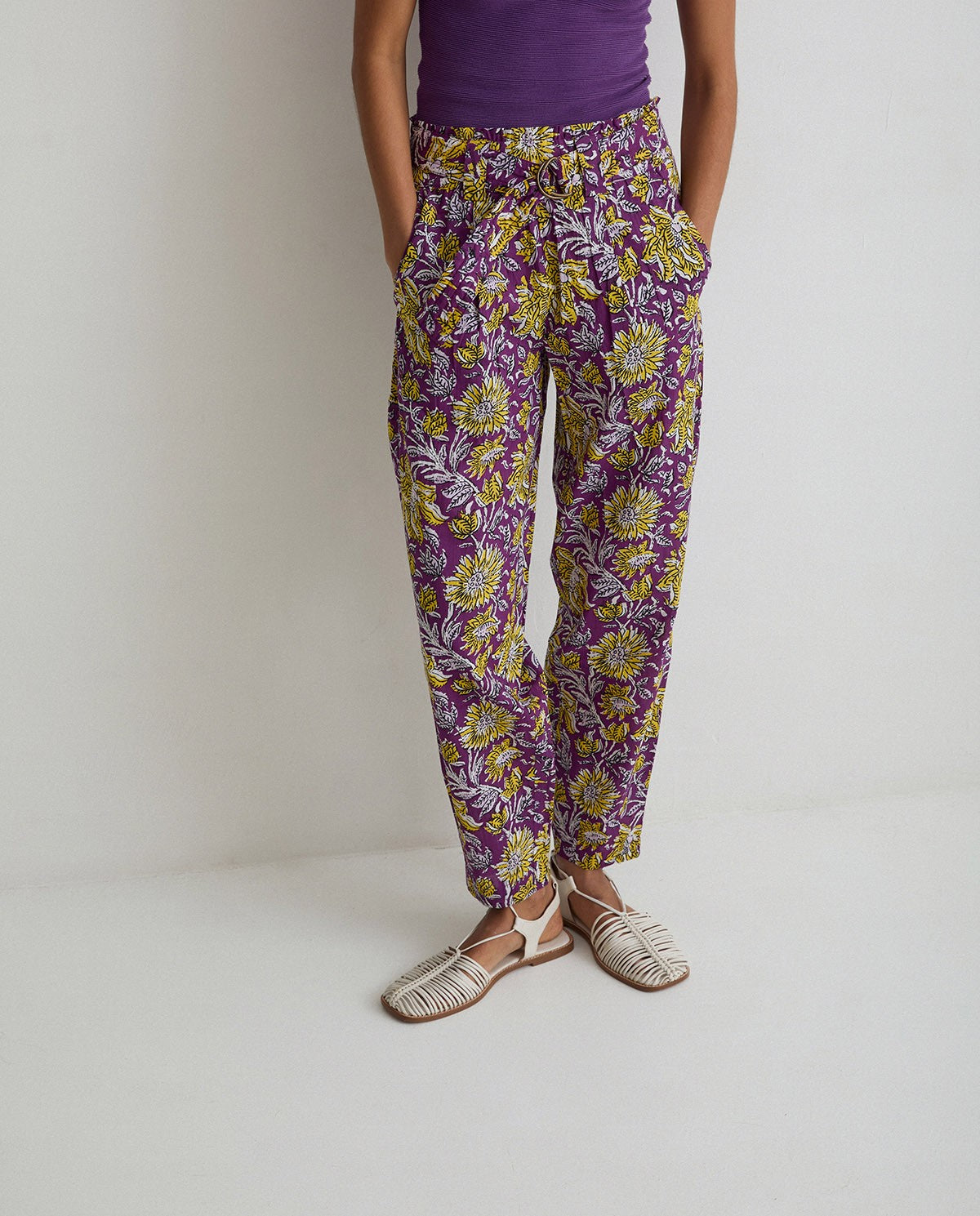 Floral print cotton trousers in purple & yellow by YERSE