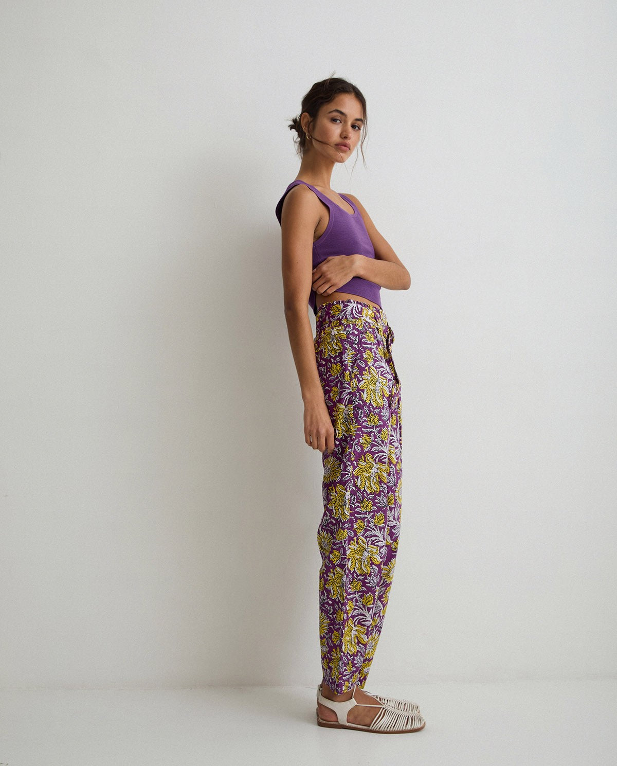 Floral print cotton trousers in purple & yellow by YERSE