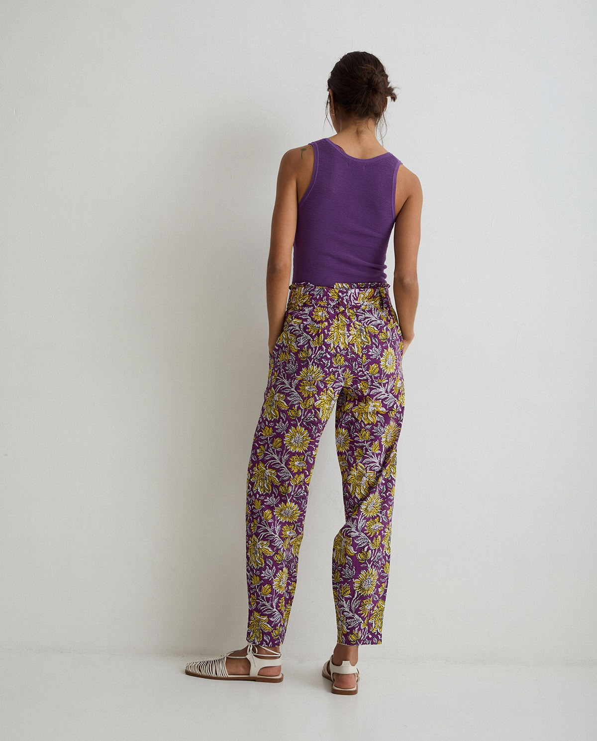 Floral print cotton trousers in purple & yellow by YERSE