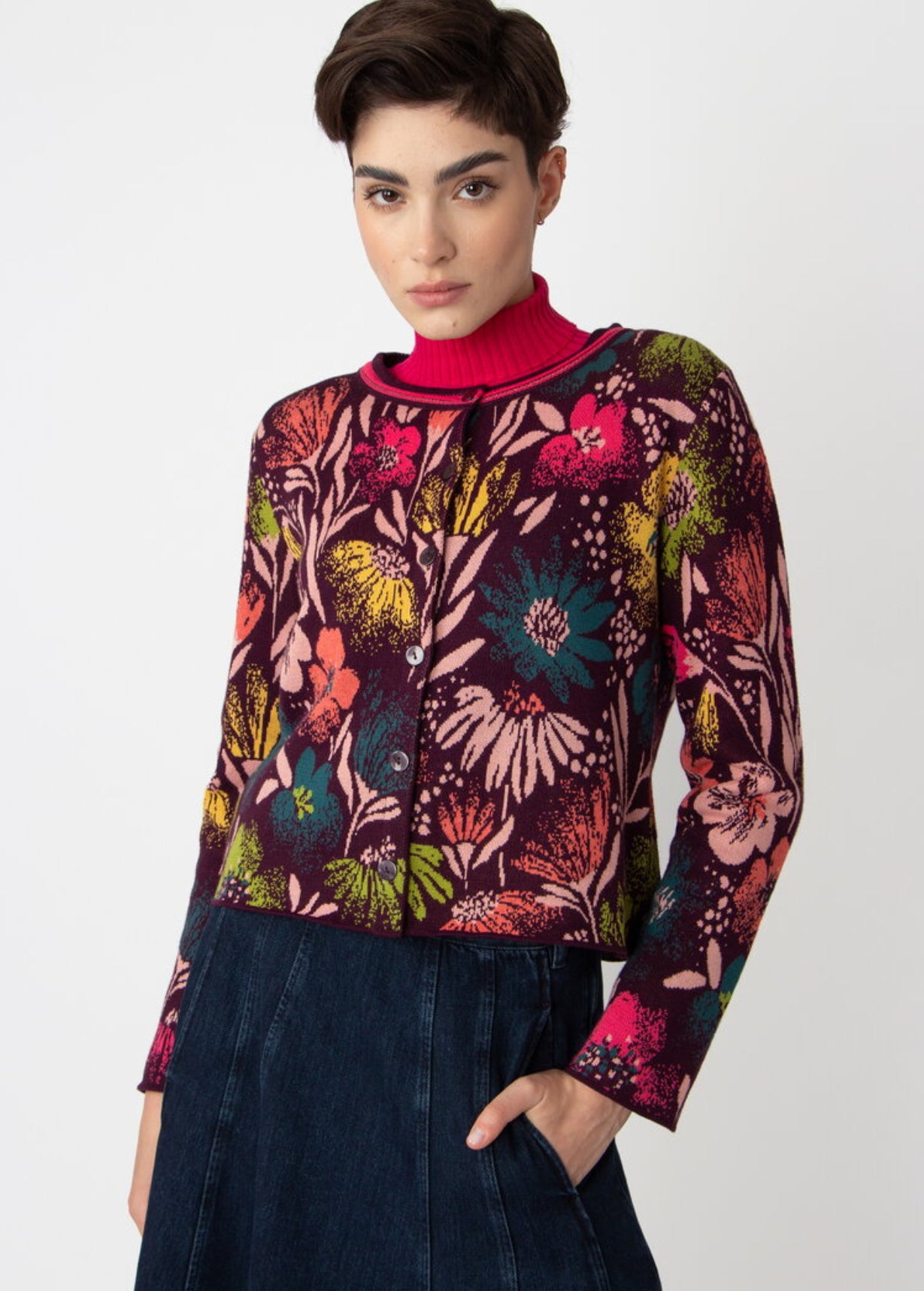 O-Neck Cardigan with Floral Pattern in Plum by IVKO