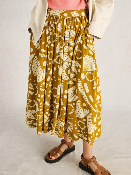 Abigail Midi Printed Skirt in Yellow by White Stuff