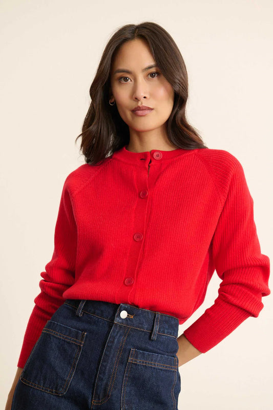 Woolen Rib-Knit Cardigan in Red by GARANCE PARIS