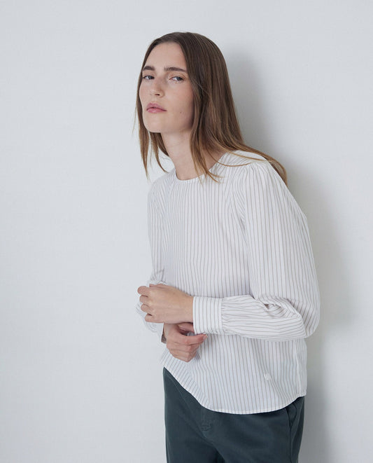 Striped Beige-White Shirt with back button down by YERSE