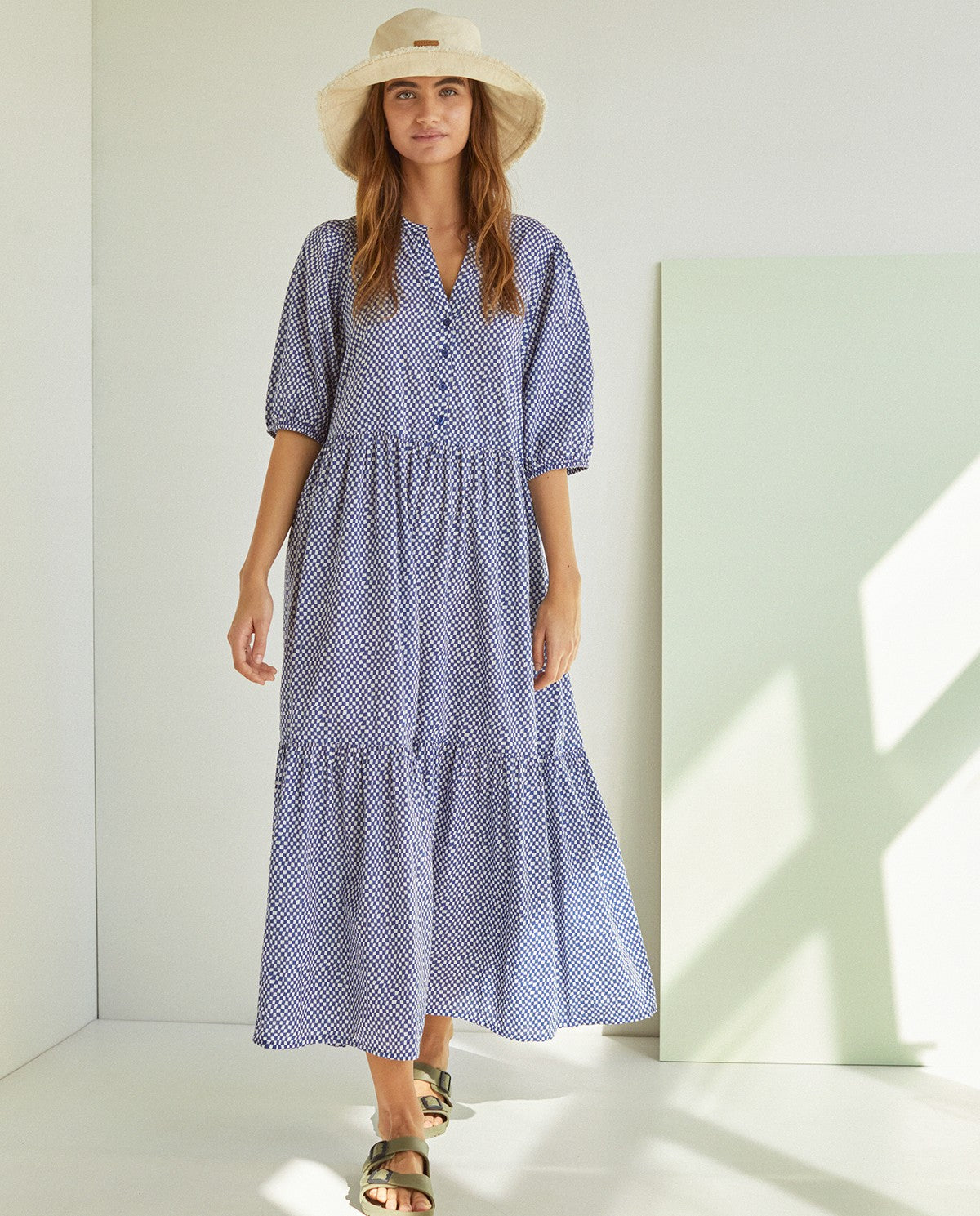 Long checkered cotton dress in navy by YERSE