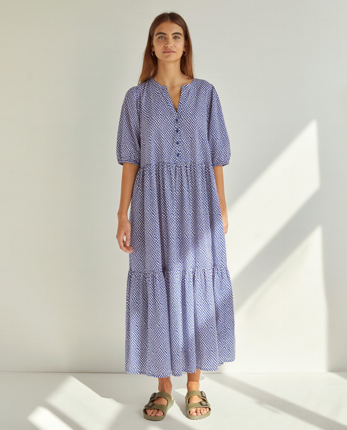 Long checkered cotton dress in navy by YERSE