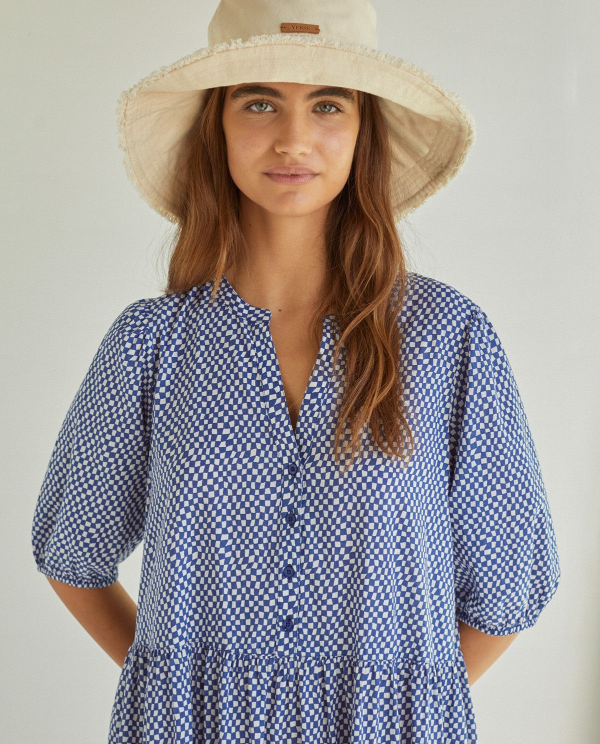 Long checkered cotton dress in navy by YERSE