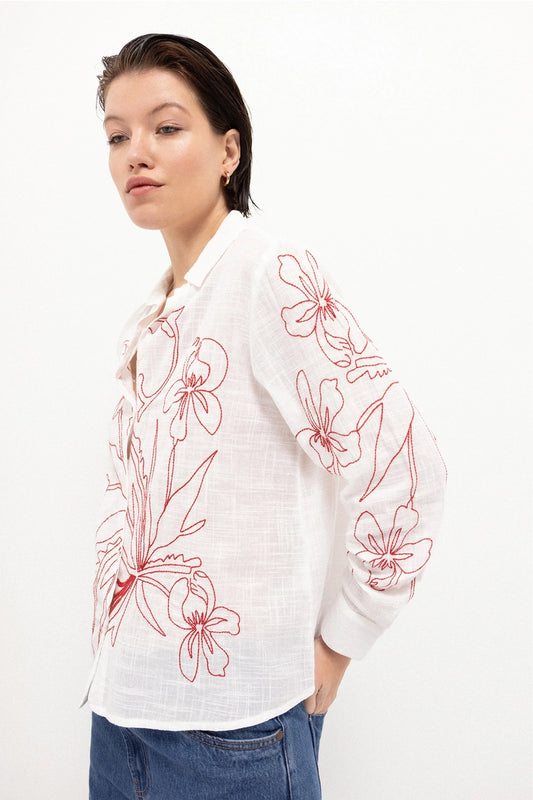 Embroidered Floral Cotton White Shirt by LANIDOR