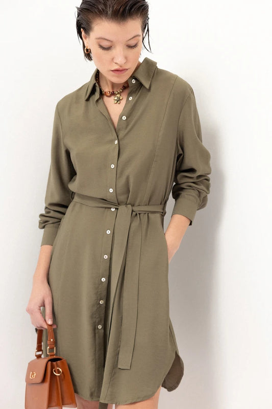 Plain Shirt-Style Midi Dress in Green by LANIDOR