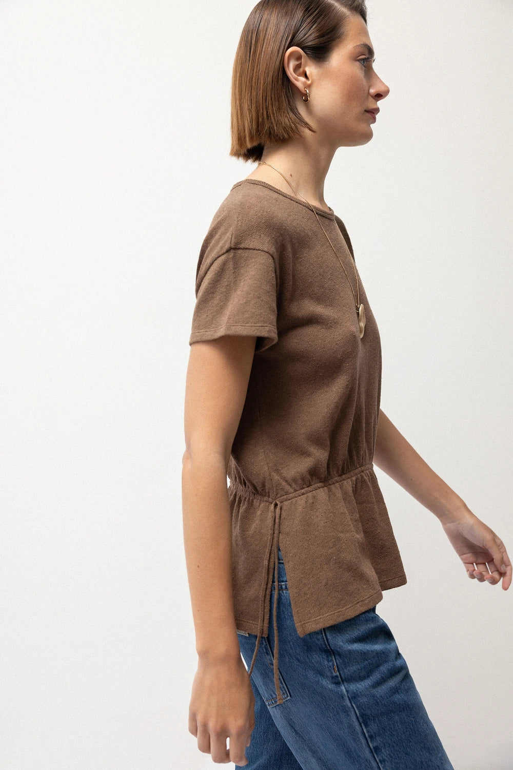 Cotton Blouse With Side Ties in Brown Sand