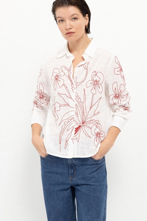 Embroidered Floral Cotton White Shirt by LANIDOR
