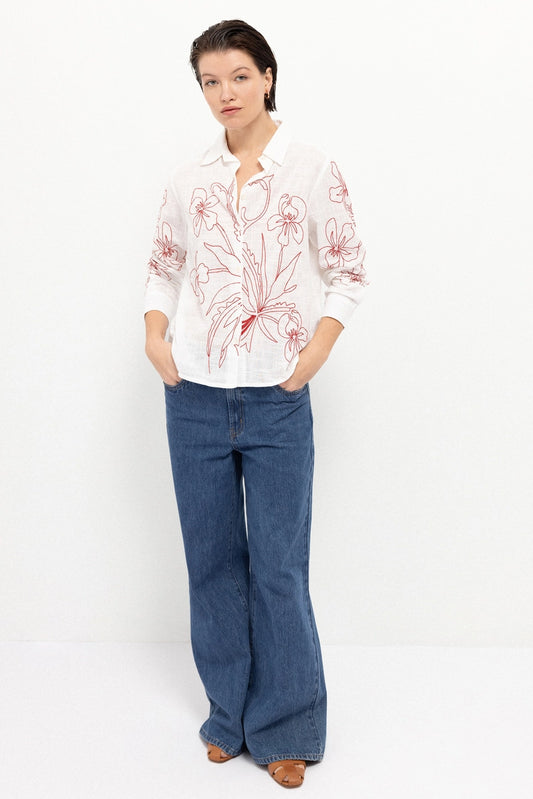 Embroidered Floral Cotton White Shirt by LANIDOR