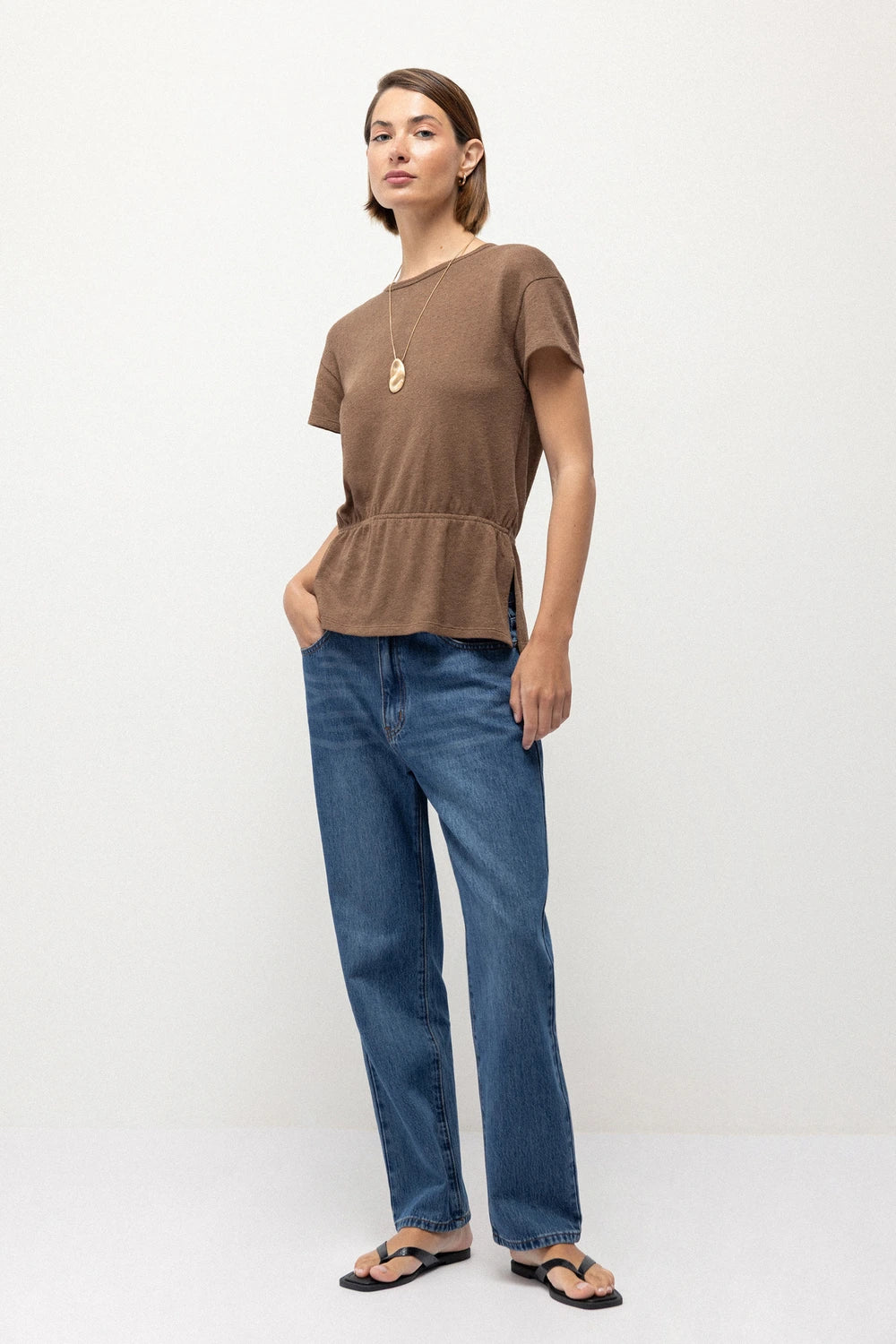 Cotton Blouse With Side Ties in Brown Sand