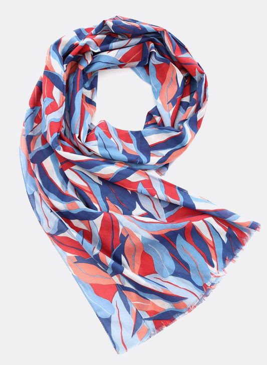 Big Leaves Blue & Red 100% Organic Cotton Scarf by DJIAN