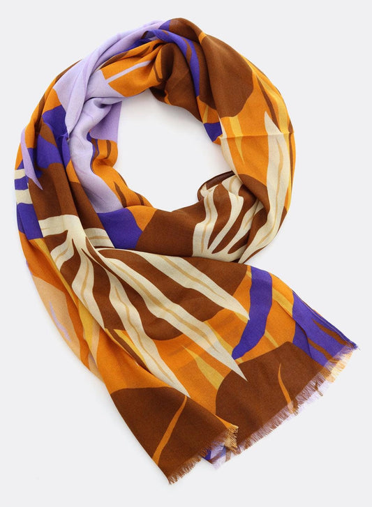 Big leaves in Purple Orange & Brown printed Scarf by DJIAN