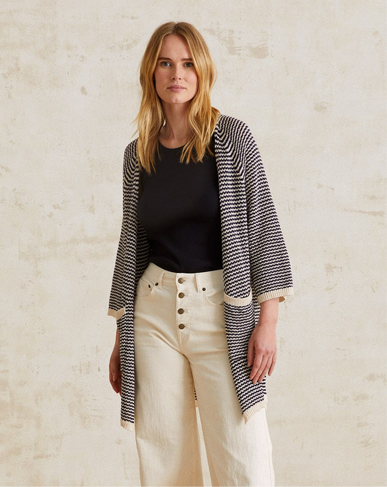 Striped Linen Cardigan ivory-navy by YERSE