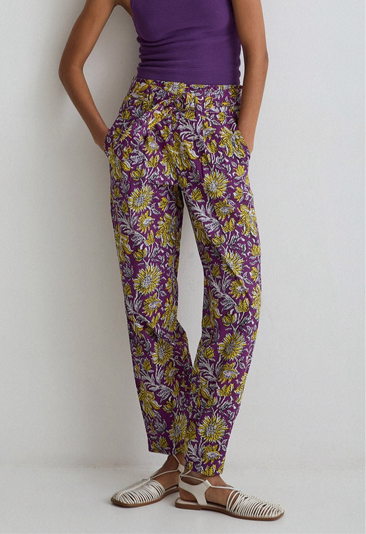 Floral print cotton trousers in purple & yellow by YERSE