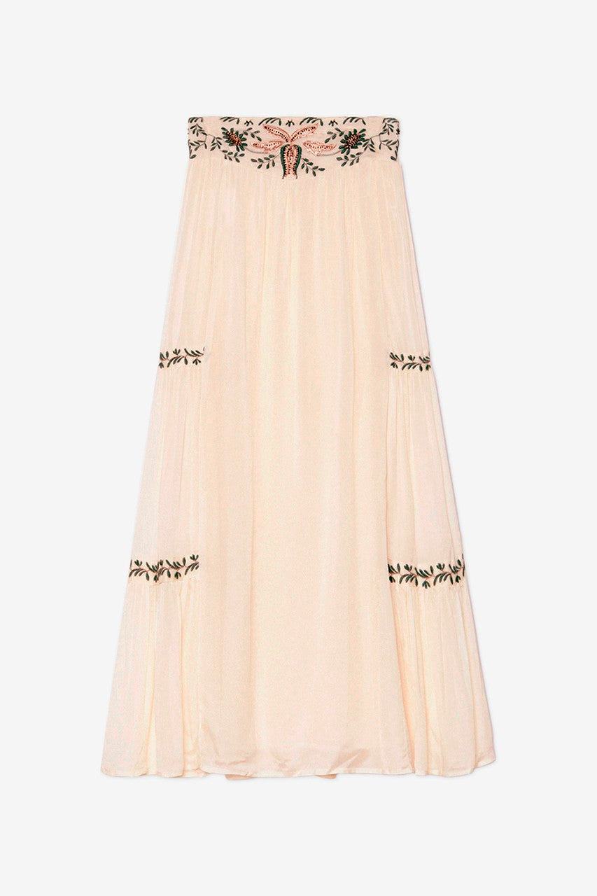 Long off-white skirt with petite-embroidered details by NKN